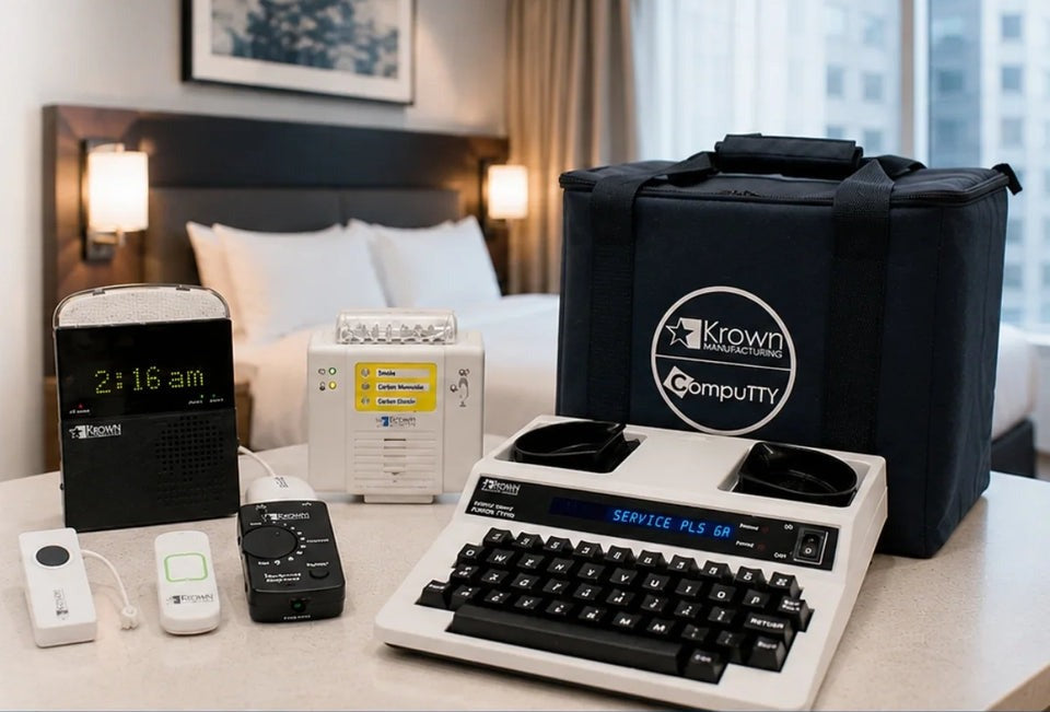 Krown alerting equipment on a hotel nightstand: alarm clock with visual display, smoke and carbon monoxide notification unit, bed shaker, sound signaller, PortaView TTY and a Krown Manufacturing / Compu-TTY carry case.